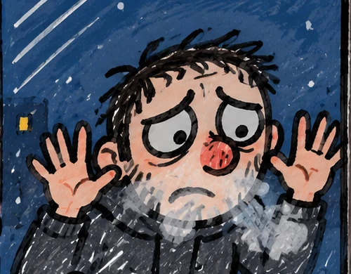 a man outside in the snow with both hands and his whole nose pressed on the window. his breath is fogging the glass. nobody inside has looked up.