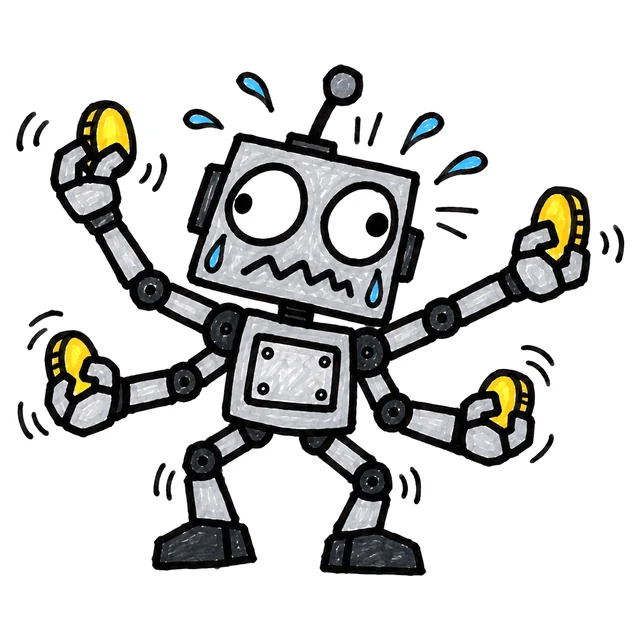 a small sweating robot with four arms holding four coins and looking in two directions at once