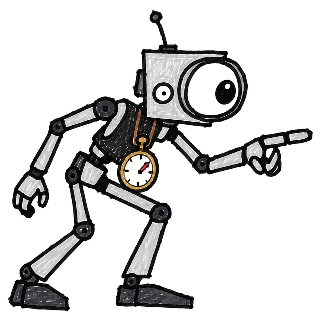 a thin robot with one enormous eye, crouching and pointing at a coin that does not exist yet